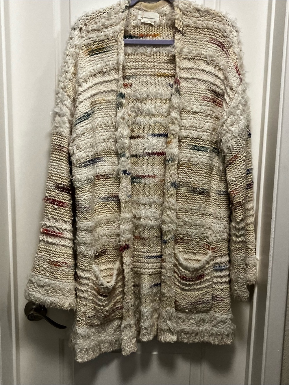 Anthropologie Margo Rainbow Cardigan Chunky Knit Sweater Cream Multi Size M